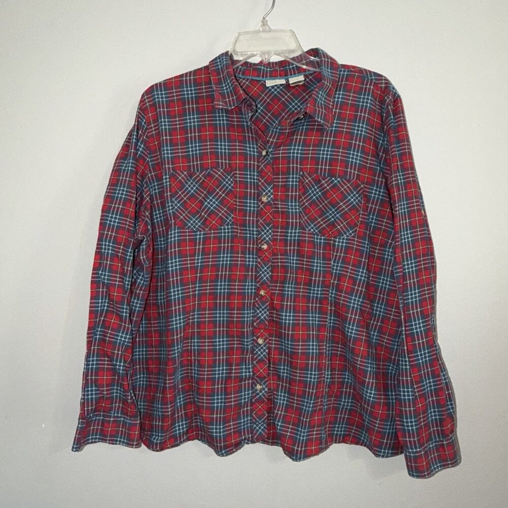 LL Bean Shirt Vintage Button‎ Up Womens Plaid Flannel Red Blue Classic Size 1X